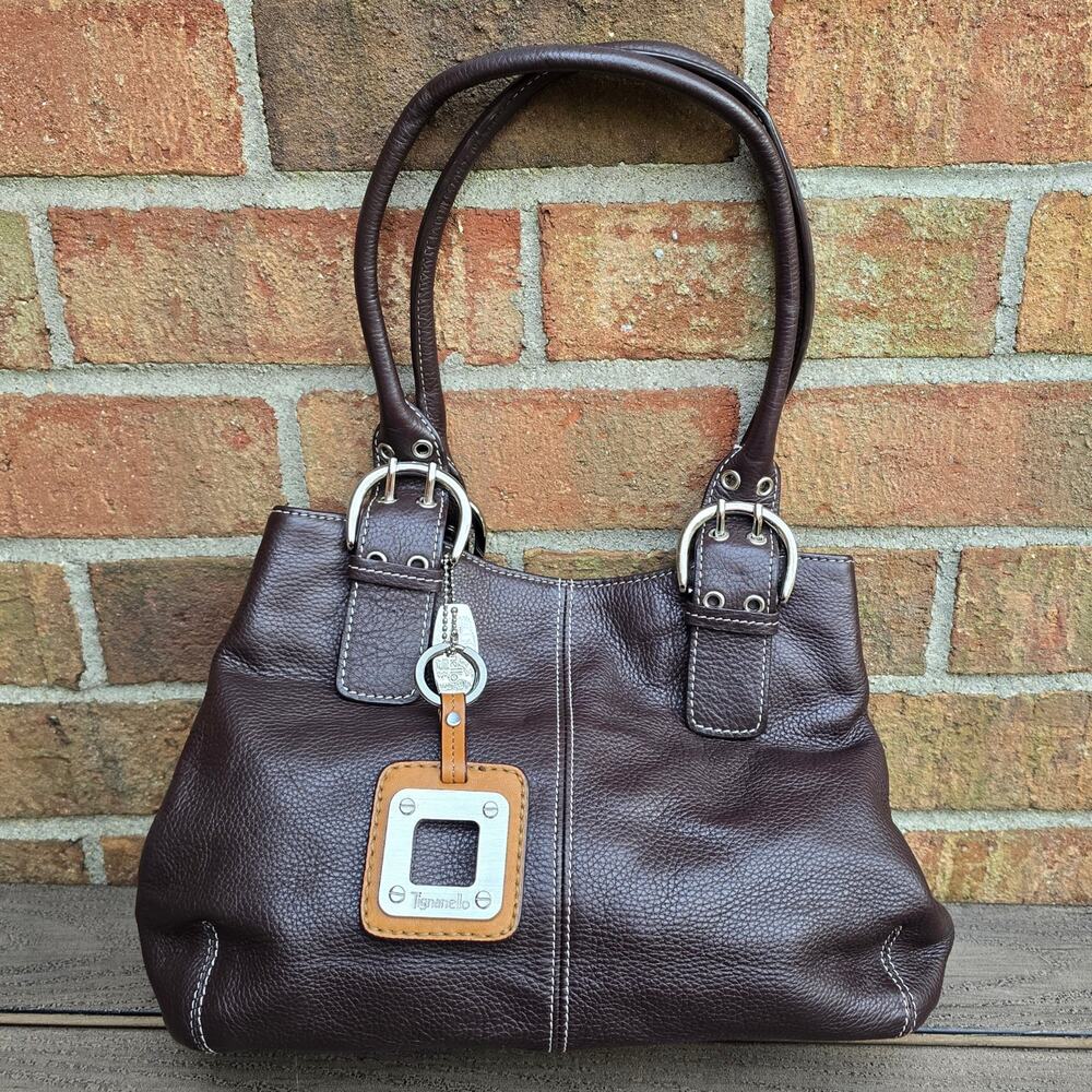 Brown Purse Double Handle Pebble Leather Tignanello Buckle Keychain Charm